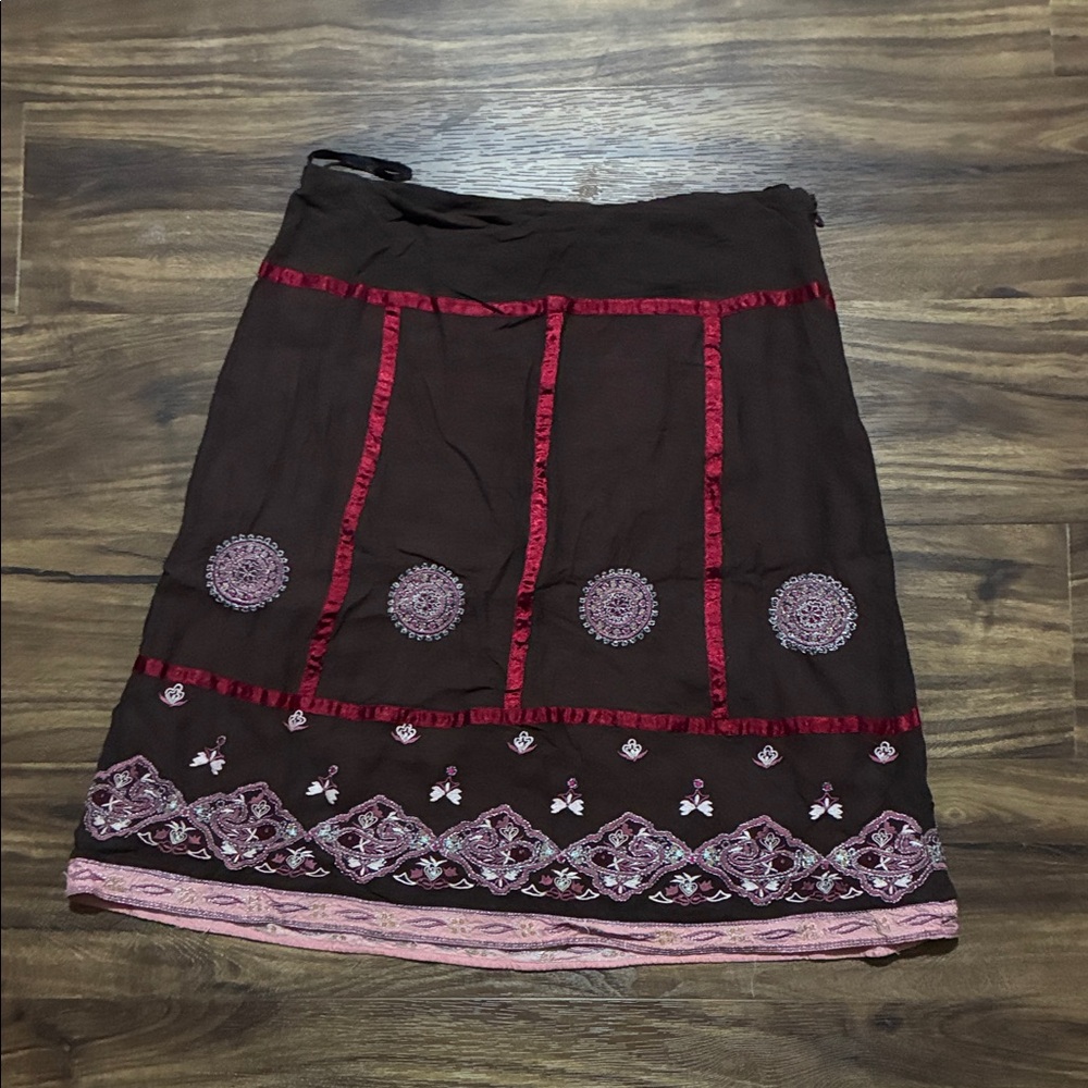 Persaman New York Brown A-Line Skirt with Pink Embroidery